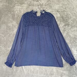 Goodthreads Top Womens Large Blue Striped Long Sleeve Tunic Blouse Smocked Boho